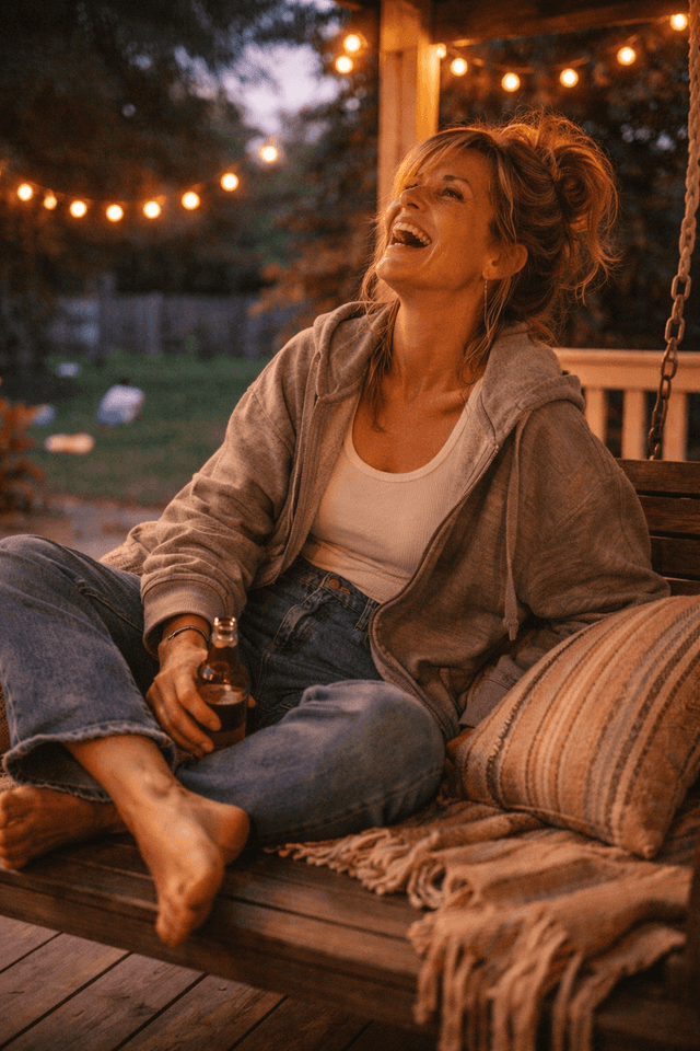 Woman laughing on a porch swing at dusk with string lights